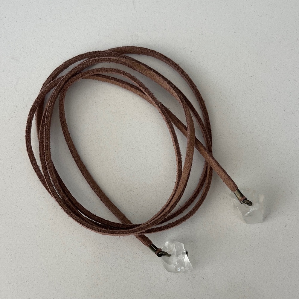 tiny pieces Tan Leather Wrap Necklace with Clear Quartz Crystal Accents
